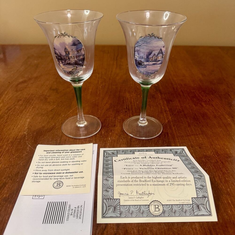 Bradford Exchange Thomas Kinkade Holiday Gathering Wine Glasses COA Set 2